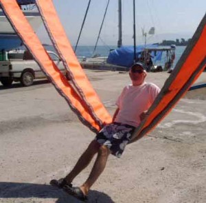 Dave swinging on the hoist