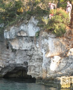 Jo and Kris ready to jump over cave